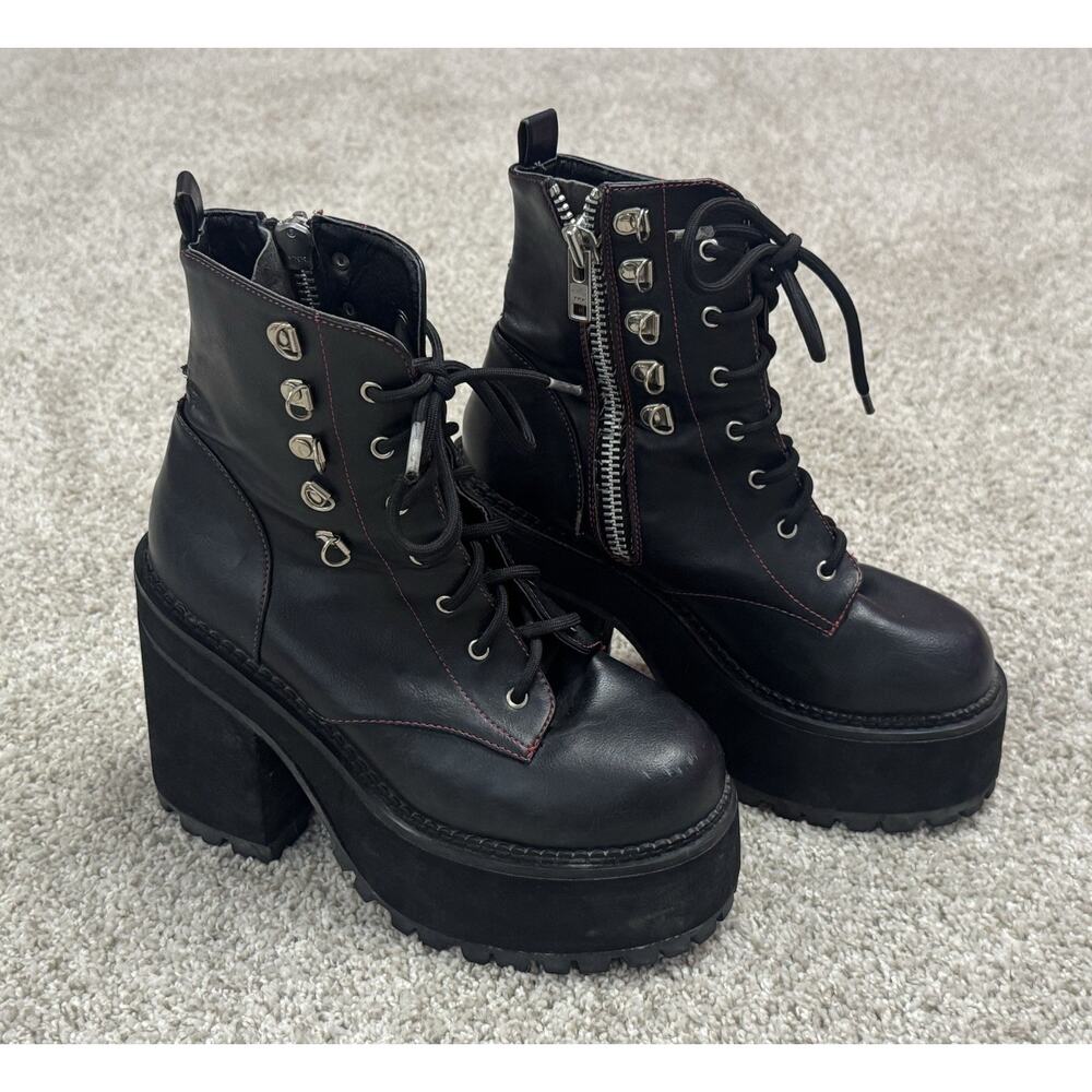 Demonia Assault-100 Black Vegan Platform Combat Boots Side Zip Up Goth Size 8 - Picture 2 of 12